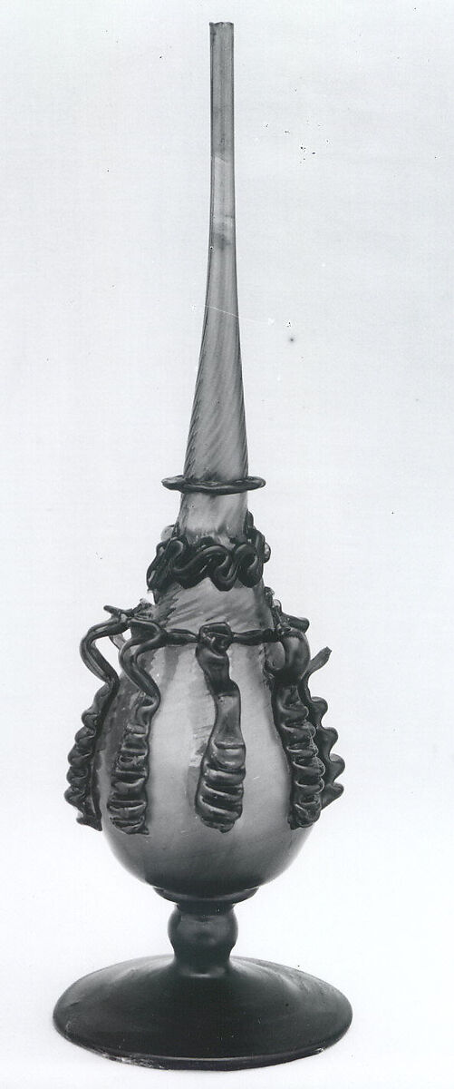 Sprinkler, Glass; dip-molded, blown, applied solid foot, applied decoration