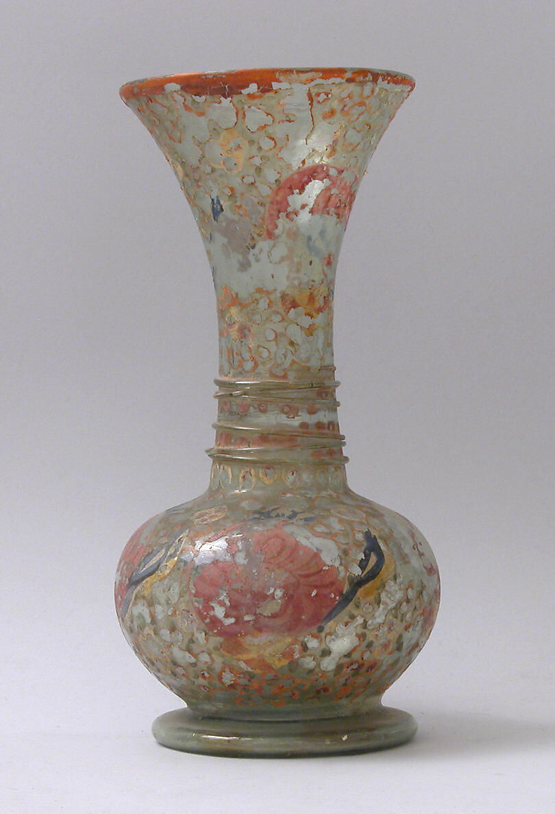 Bottle, Glass; blown, applied and painted, tooled 