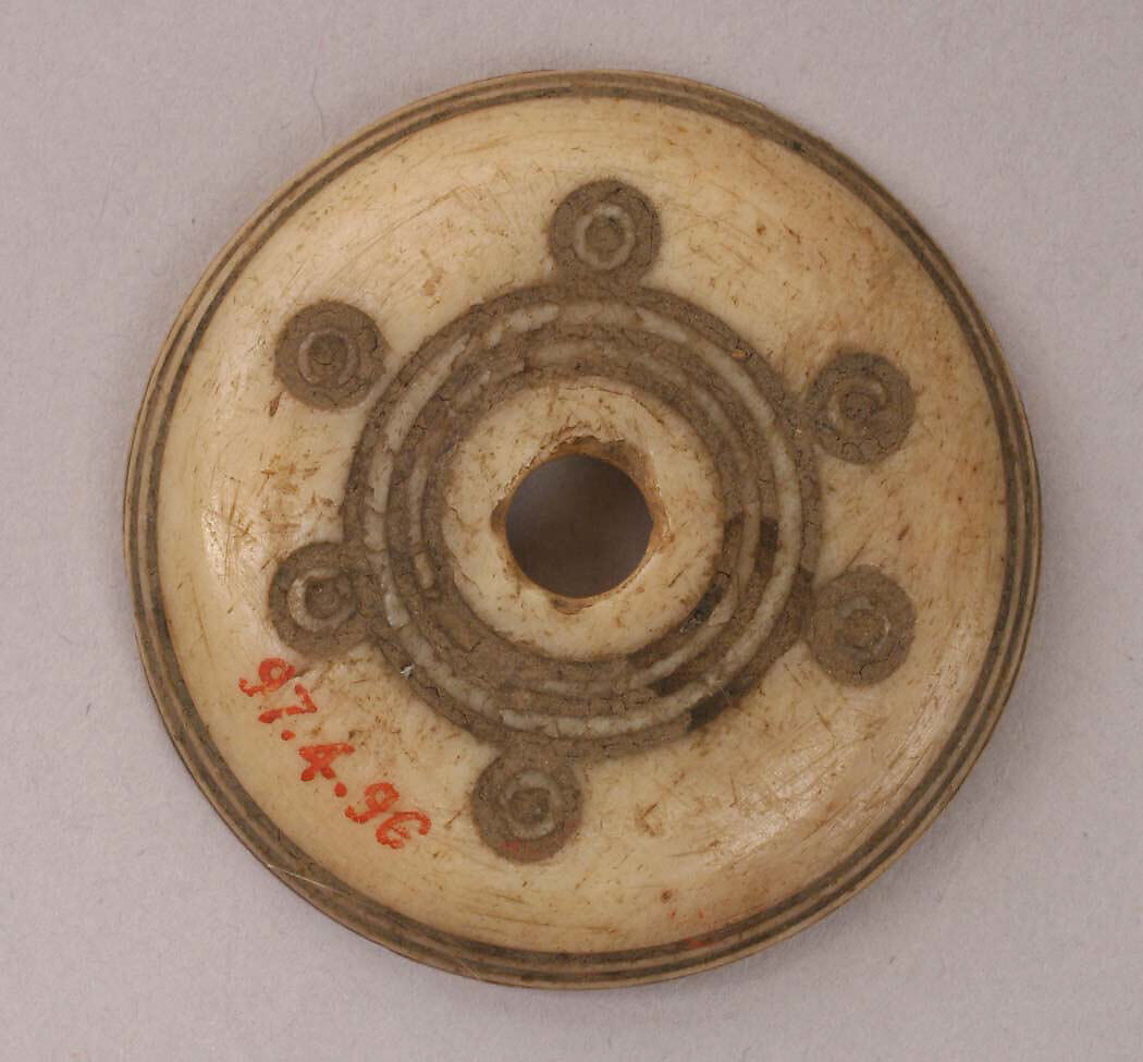 Button or Spindle Whorl, Bone; incised and inlaid with paint 