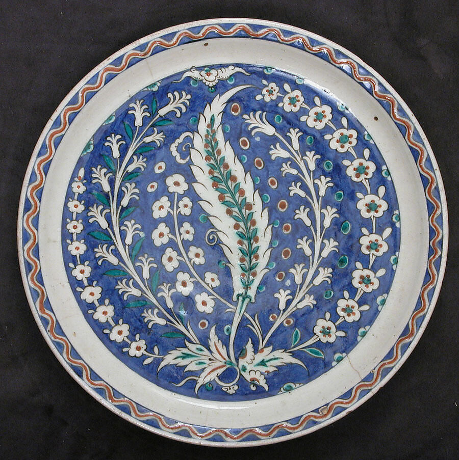 Dish with Growing Saz and Floral Design, Stonepaste; polychrome painted under transparent glaze