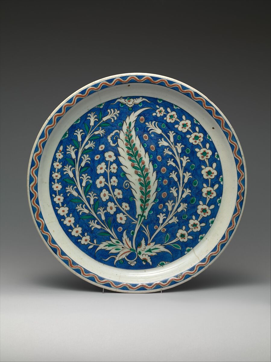 Dish with Growing Saz and Floral Design, Stonepaste; polychrome painted under transparent glaze 