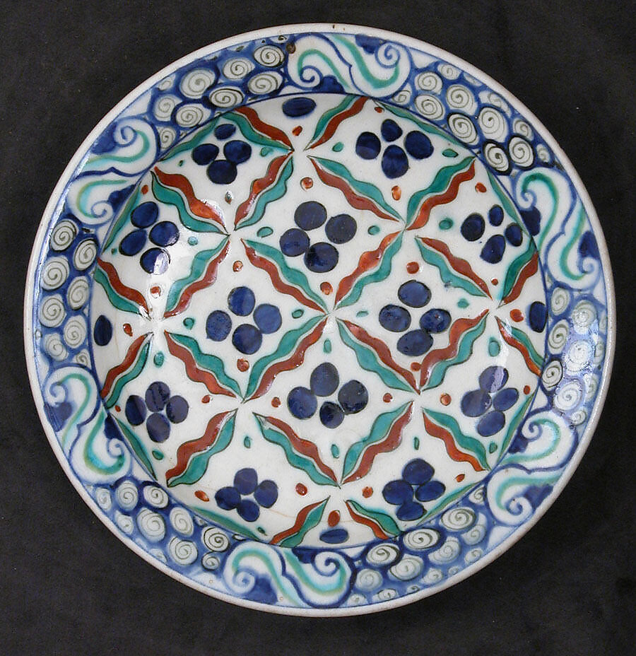 Dish with 'Cintamani' and Tiger-stripe Pattern, Stonepaste; polychrome painted under transparent glaze