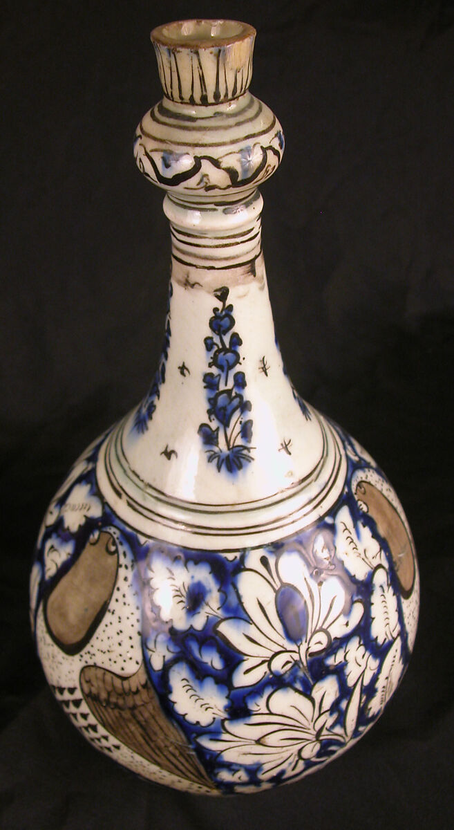Pear-Shaped Bottle with Birds, Stonepaste; polychrome painted under transparent glaze