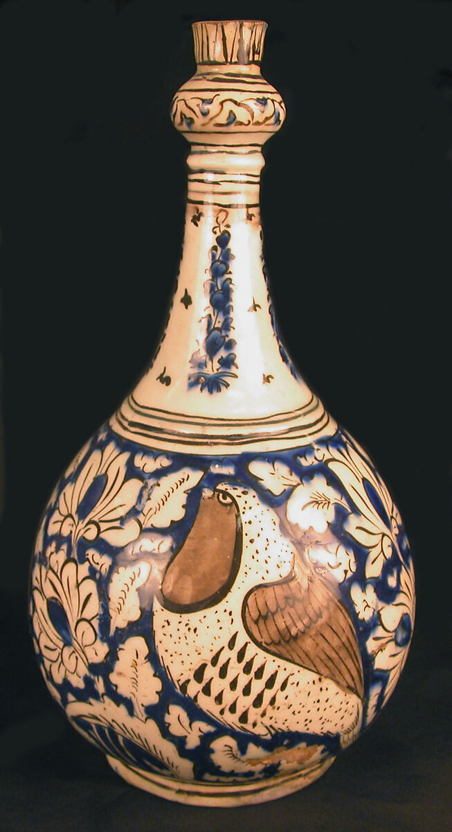 Pear-Shaped Bottle with Birds, Stonepaste; polychrome painted under transparent glaze 