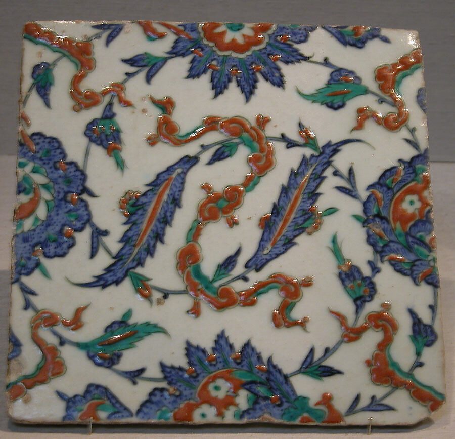 Tile with Floral and Cloud-band Design, Stonepaste; polychrome painted under transparent glaze