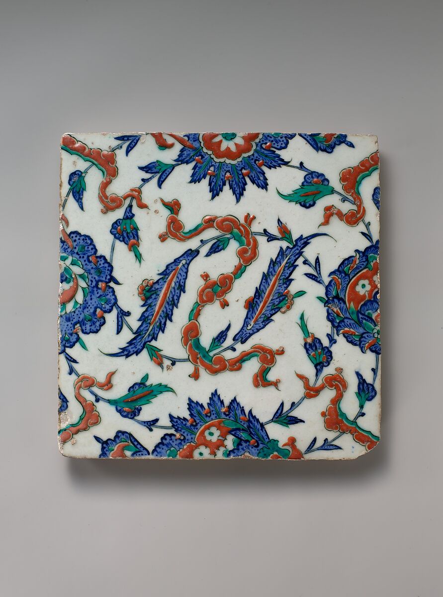 Tile with Floral and Cloud-band Design, Stonepaste; polychrome painted under transparent glaze 