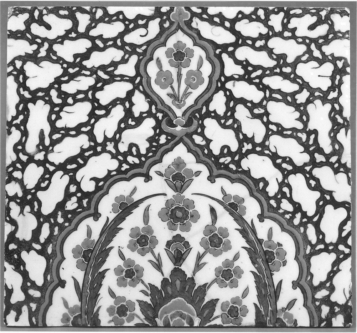 Tile with Floral Cartouche Design on Ebru (Marble Imitation Pattern) Background, Stonepaste; polychrome painted under transparent glaze