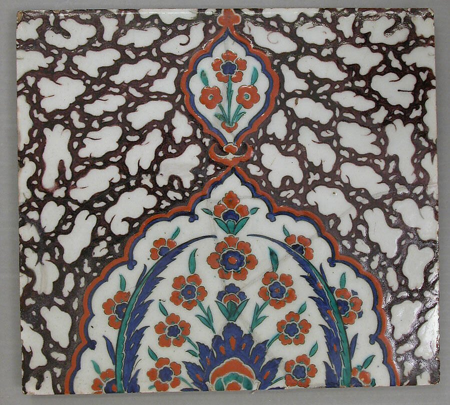 Tile with Floral Cartouche Design on Ebru (Marble Imitation Pattern) Background, Stonepaste; polychrome painted under transparent glaze 