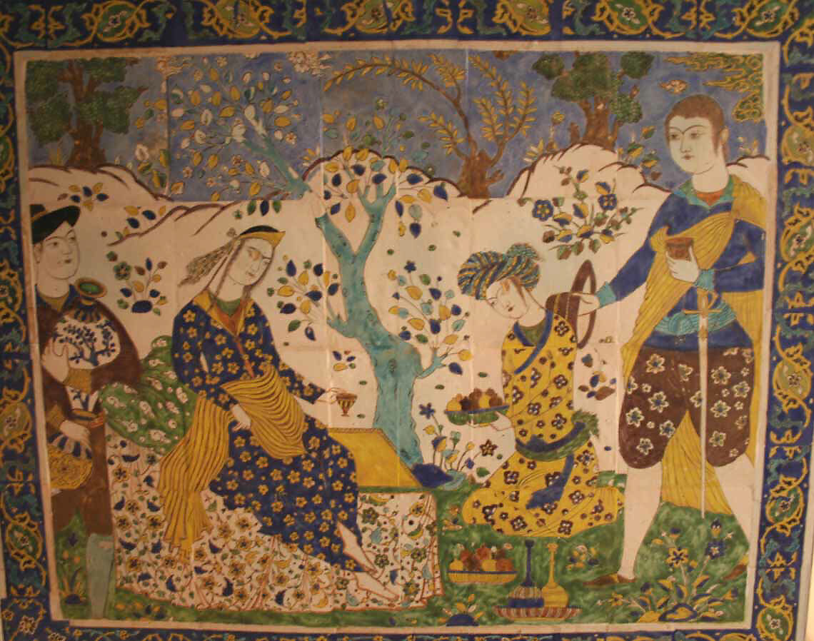 Tile Panel, Stonepaste; polychrome glazed within black wax resist outlines (cuerda seca technique)