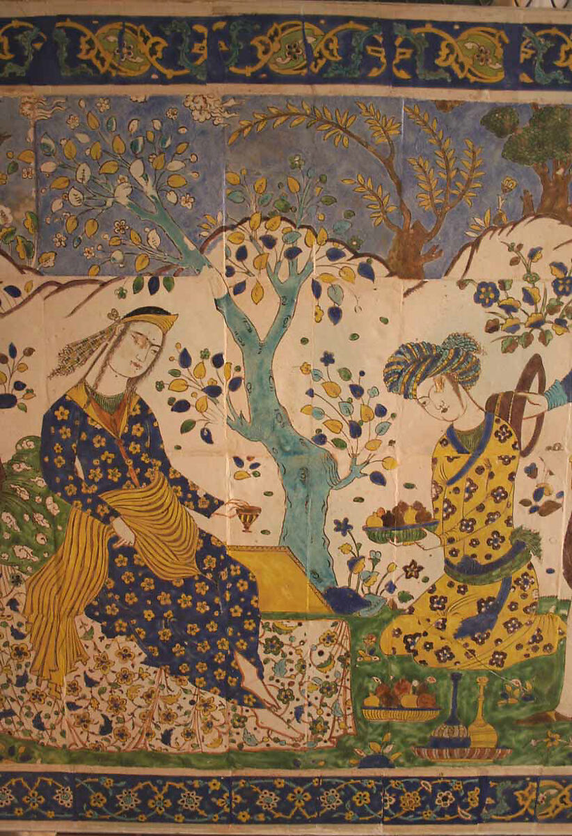 Tile Panel, Stonepaste; polychrome glazed within black wax resist outlines (cuerda seca technique)