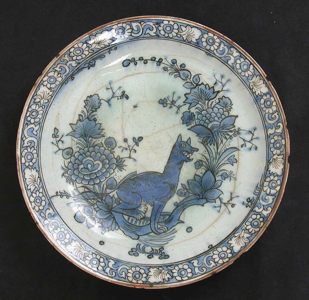 Dish with Fox and Vegetation, Stonepaste; polychrome painted under transparent glaze 