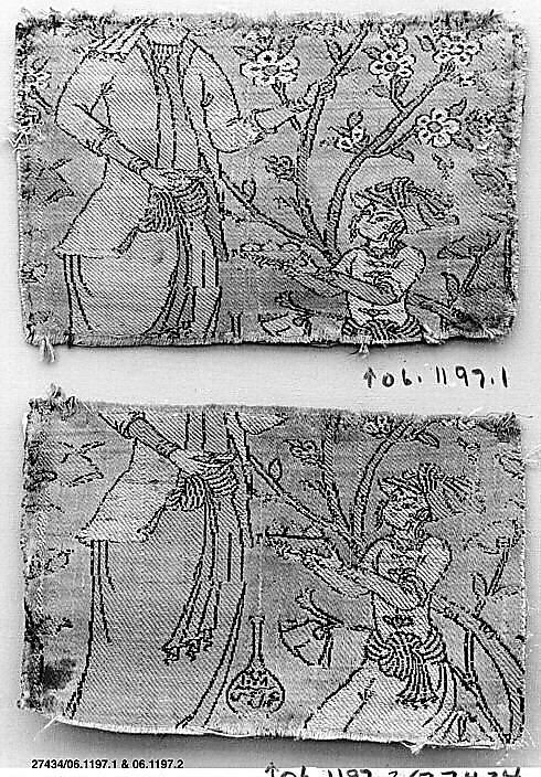 Textile Fragment Depicting Figures in a Landscape, Silk, metal wrapped thread; lampas