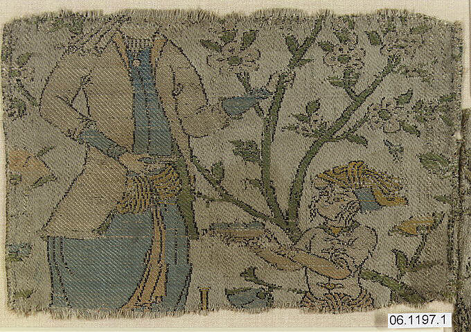 Textile Fragment Depicting Figures in a Landscape, Silk, metal wrapped thread; lampas 