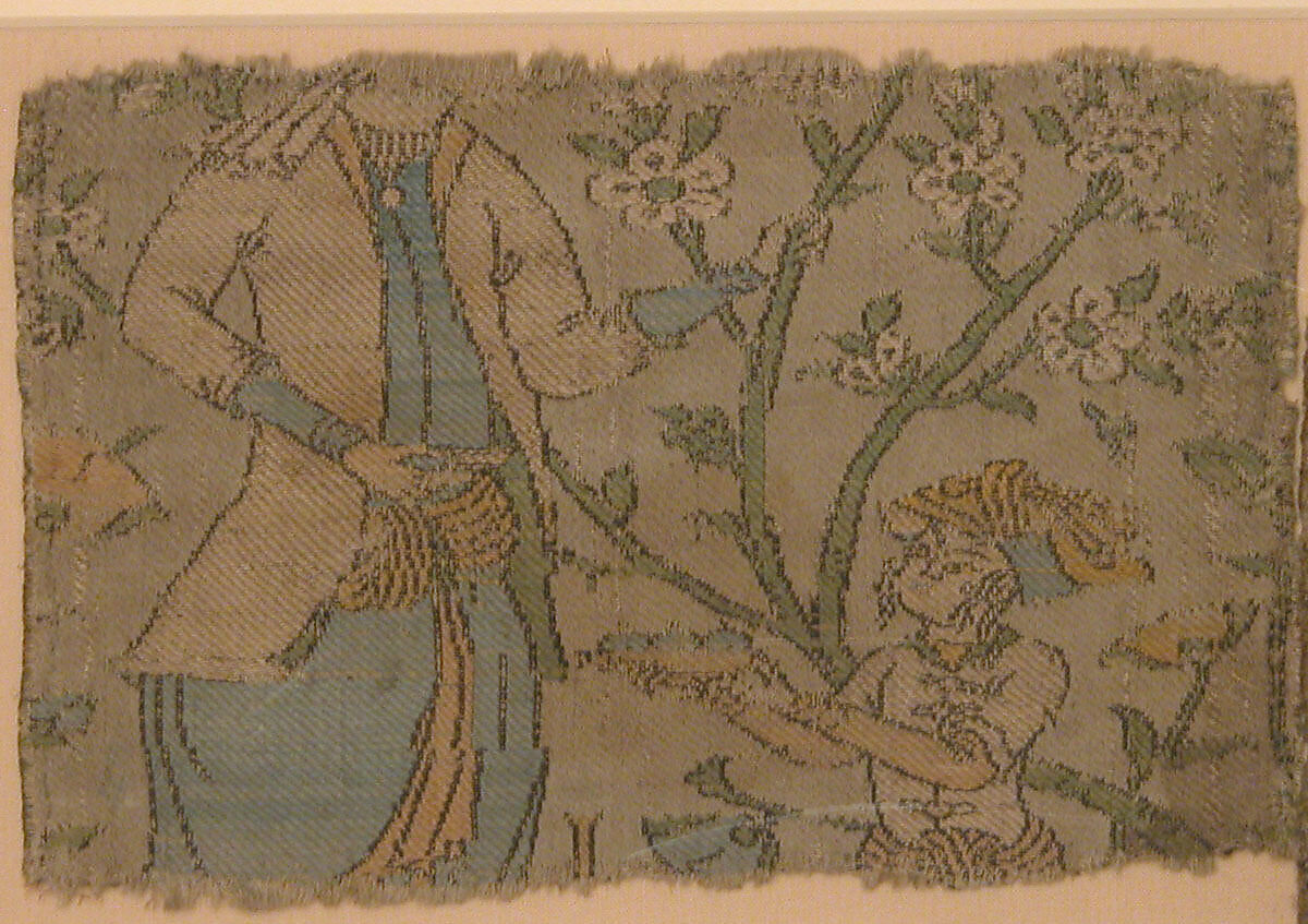 Textile Fragment Depicting Figures in a Landscape, Silk, metal wrapped thread; lampas