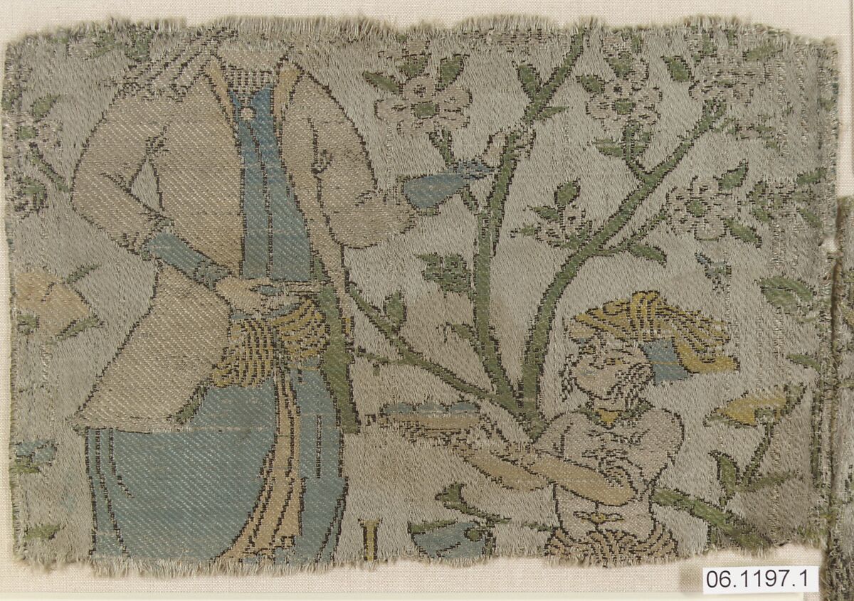 Textile Fragment Depicting Figures in a Landscape, Silk, metal wrapped thread; lampas