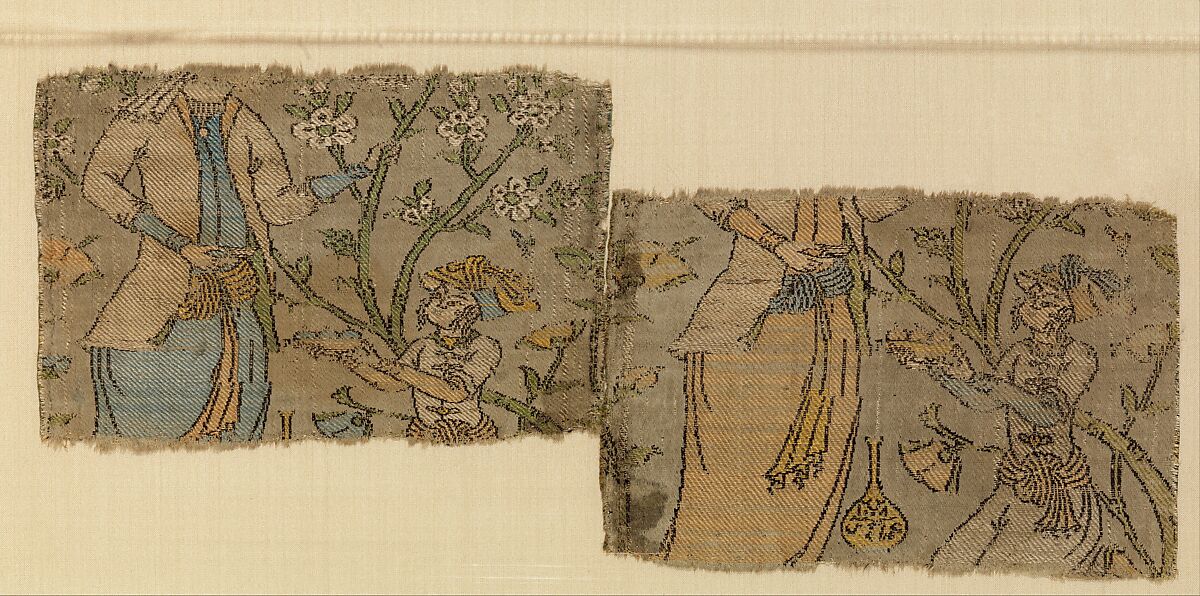 Textile Fragment Depicting Figures in a Landscape, Silk, metal wrapped thread; lampas