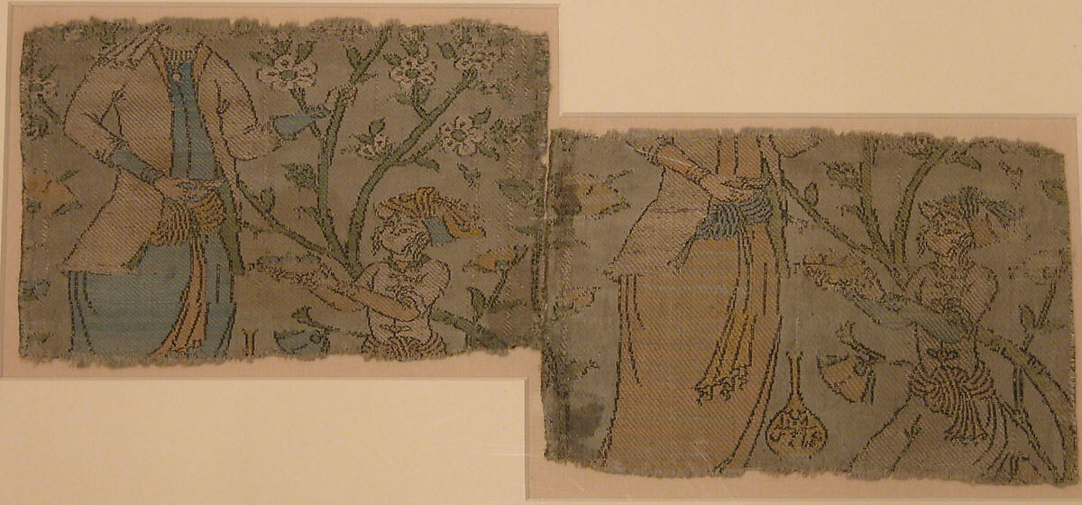Textile Fragment Depicting Figures in a Landscape, Silk, metal wrapped thread; lampas