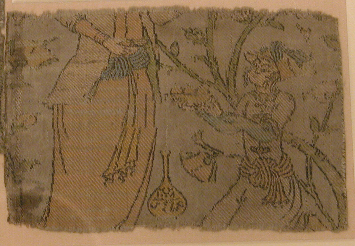 Textile Fragment Depicting Figures in a Landscape, Silk, metal wrapped thread; lampas