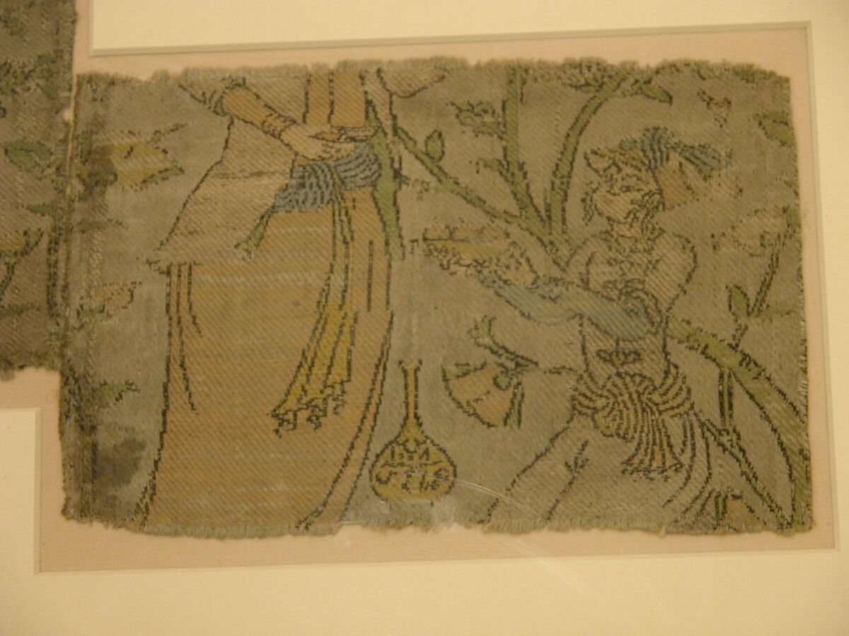 Textile Fragment Depicting Figures in a Landscape, Silk, metal wrapped thread; lampas
