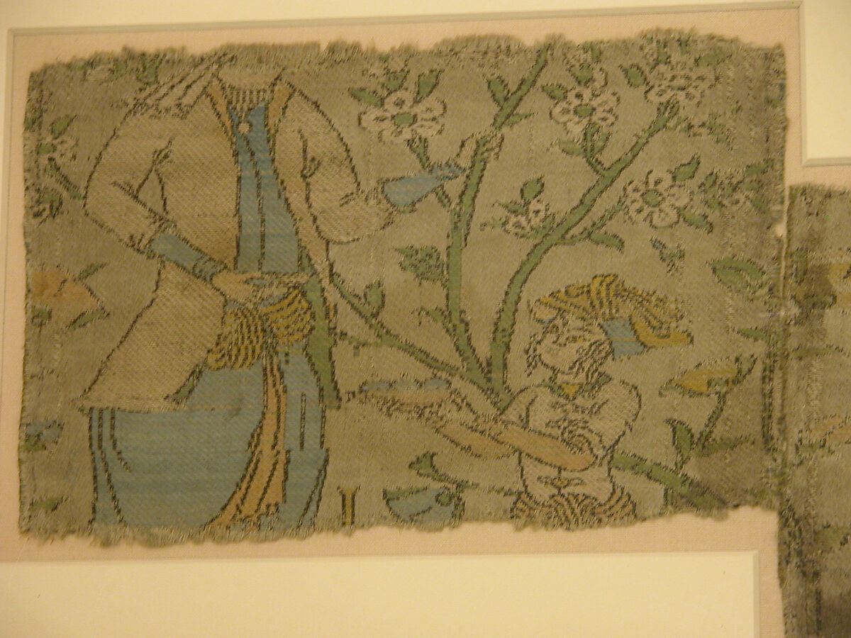 Textile Fragment Depicting Figures in a Landscape, Silk, metal wrapped thread; lampas