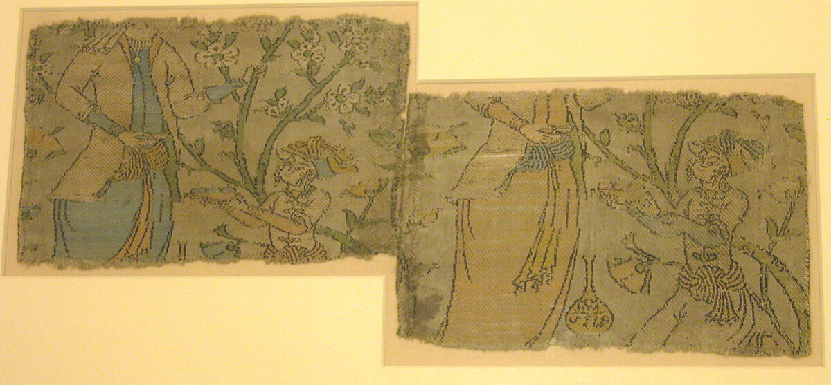Textile Fragment Depicting Figures in a Landscape, Silk, metal wrapped thread; lampas