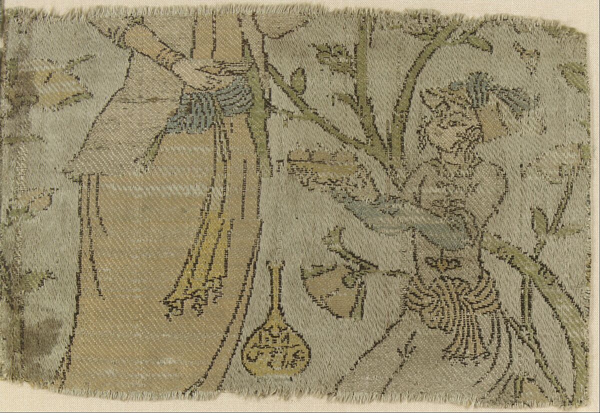 Textile Fragment Depicting Figures in a Landscape, Silk, metal wrapped thread; lampas