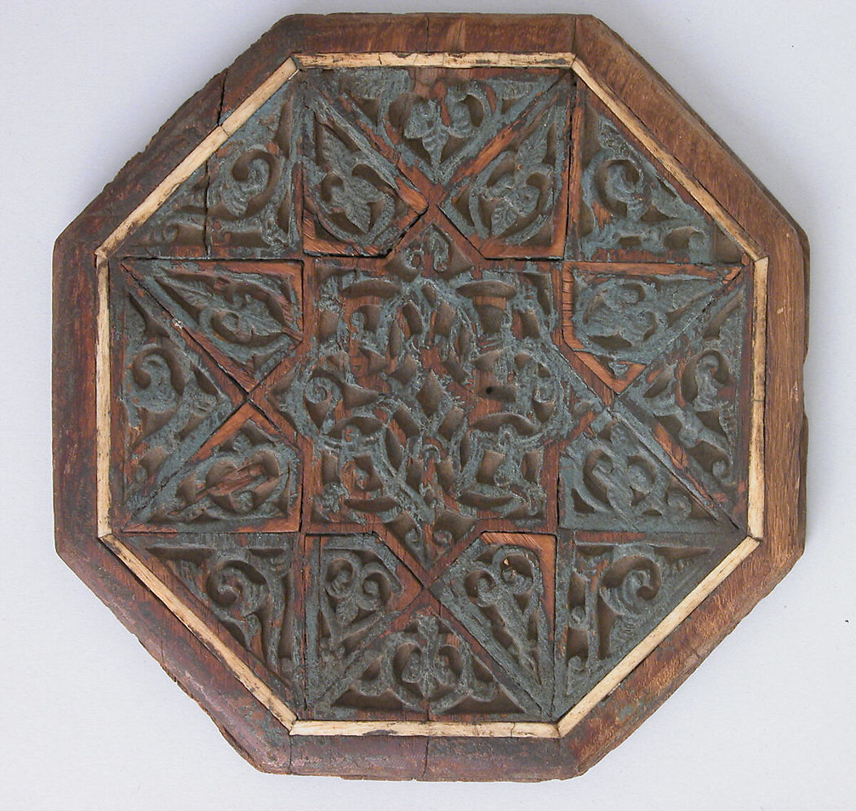 Panel, Wood; carved, inlaid with ivory, and painted 