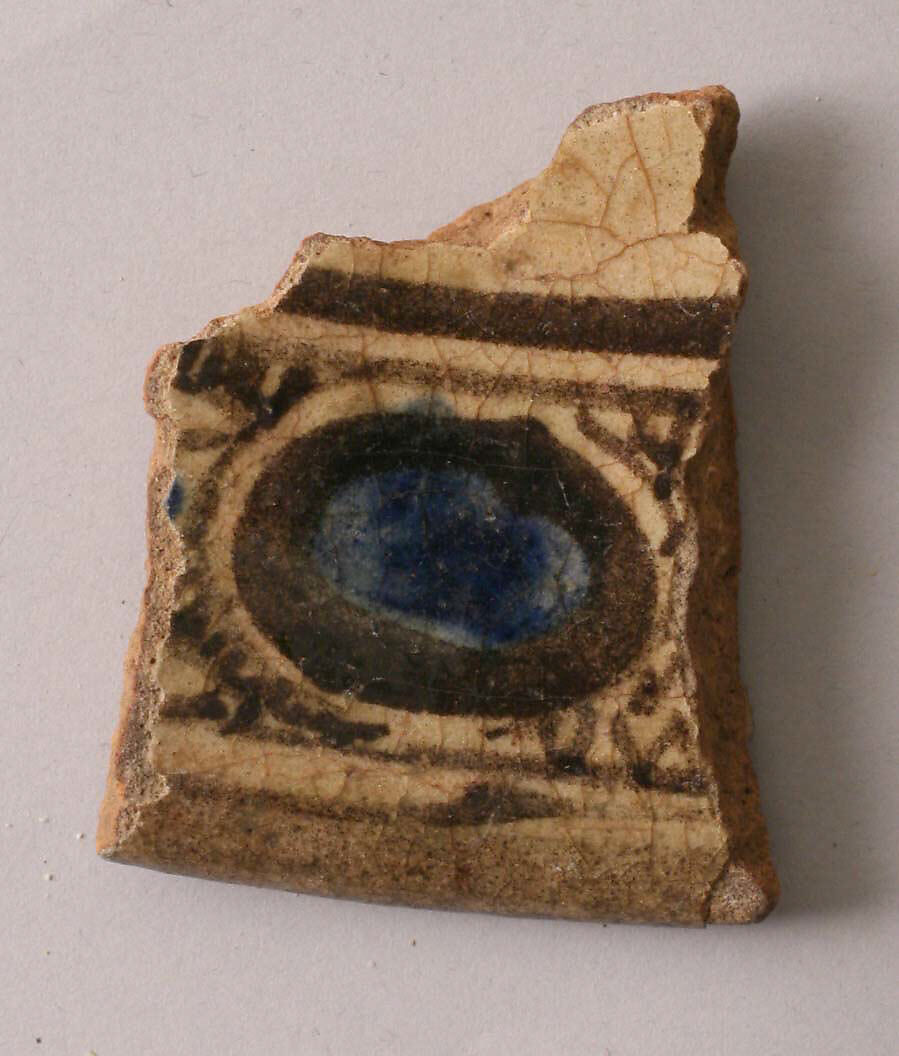 Fragment, Earthenware; painted blue and black under clear transparent glaze, white slip 