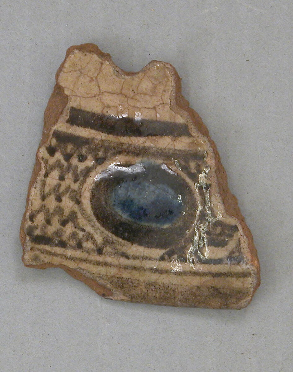Fragment, Earthenware; painted blue and black under clear transparent glaze, white slip 