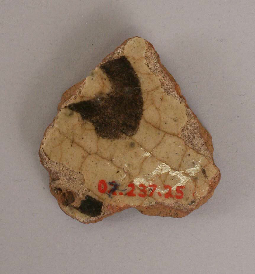 Ceramic Fragment, Earthenware; painted blue and black under clear transparent glaze, white slip 