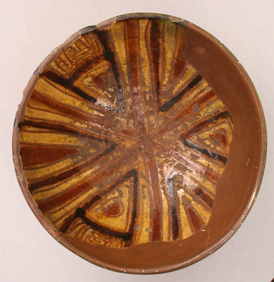 Fragment of a Bowl, Earthenware; incised decoration through a white slip and coloring under transparent glaze 