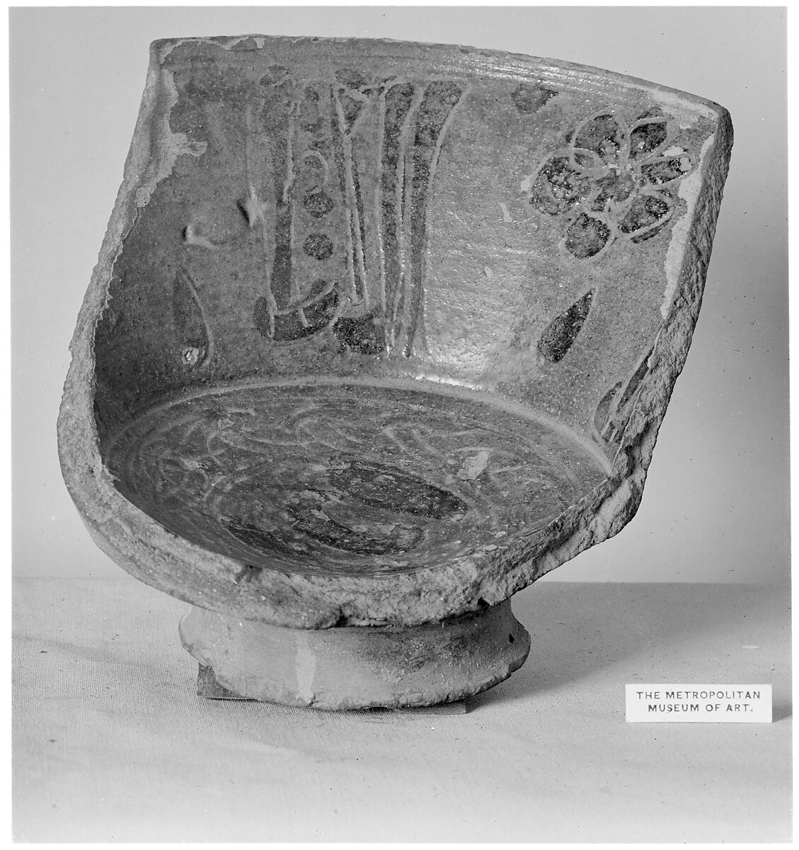 Fragment of a Bowl, Earthenware; incised decoration through a white slip and coloring under transparent glaze