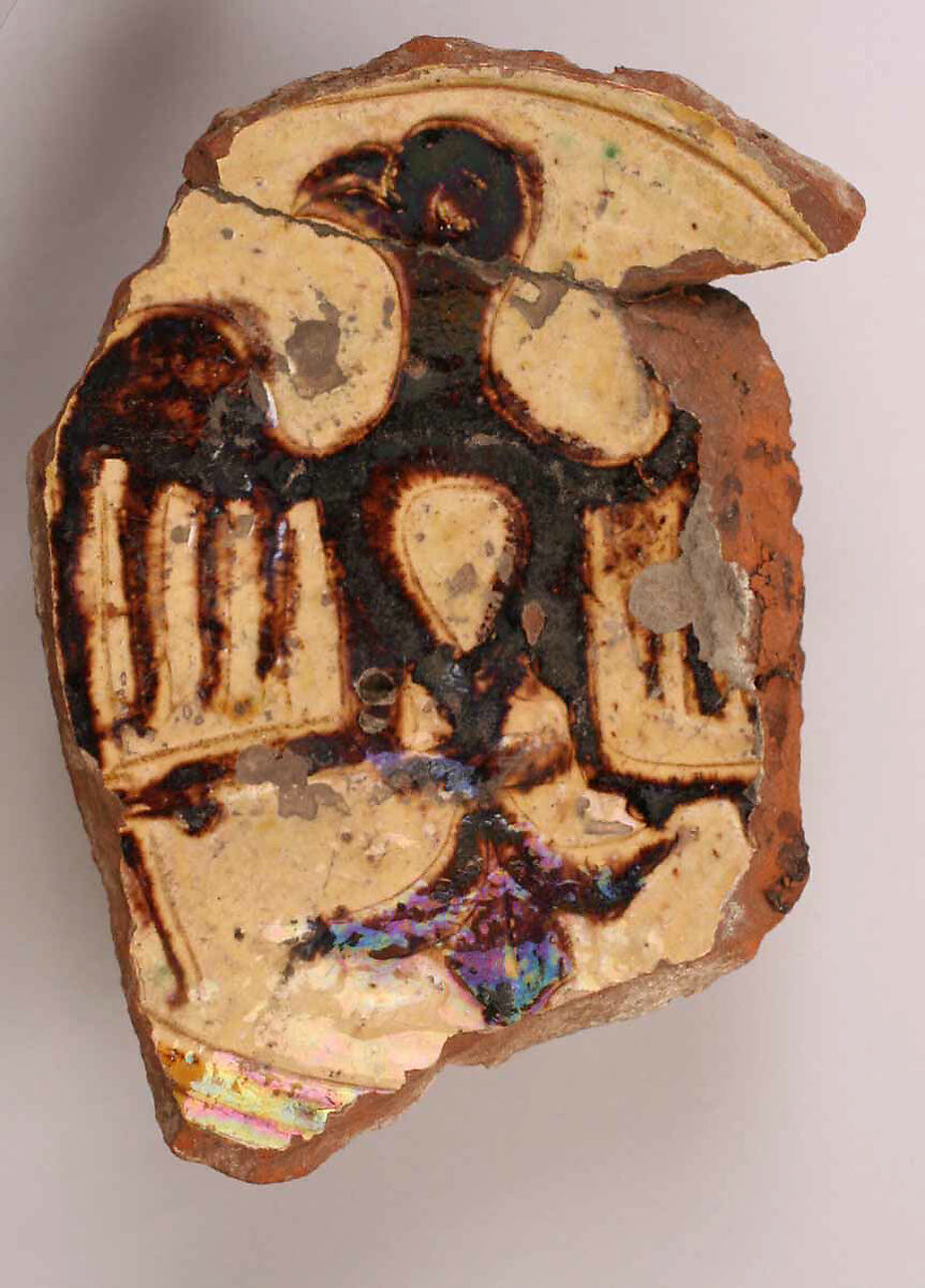 Fragment, Earthenware; incised decoration through a white slip and coloring under transparent glaze 