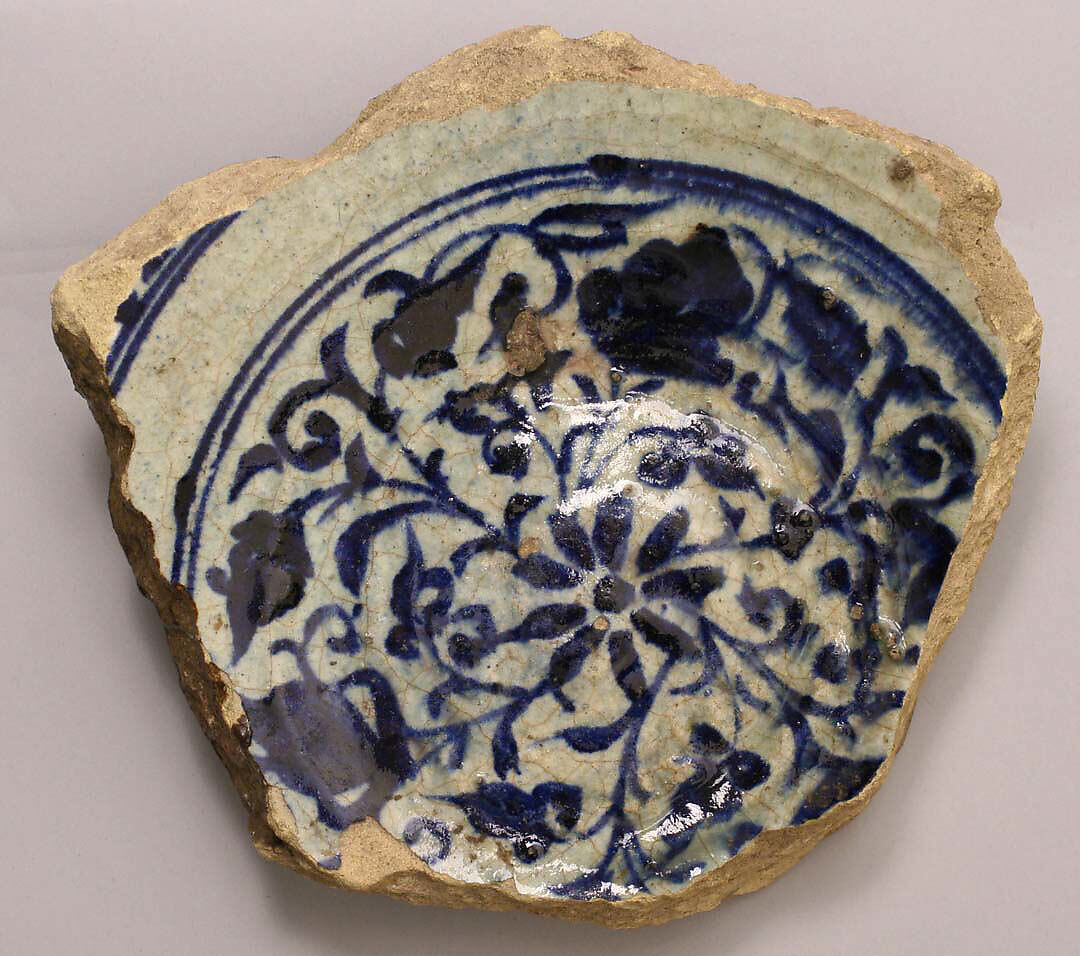 Fragment of a Bowl, Stonepaste; white slip; blue underglaze; transparent, colorless glaze 