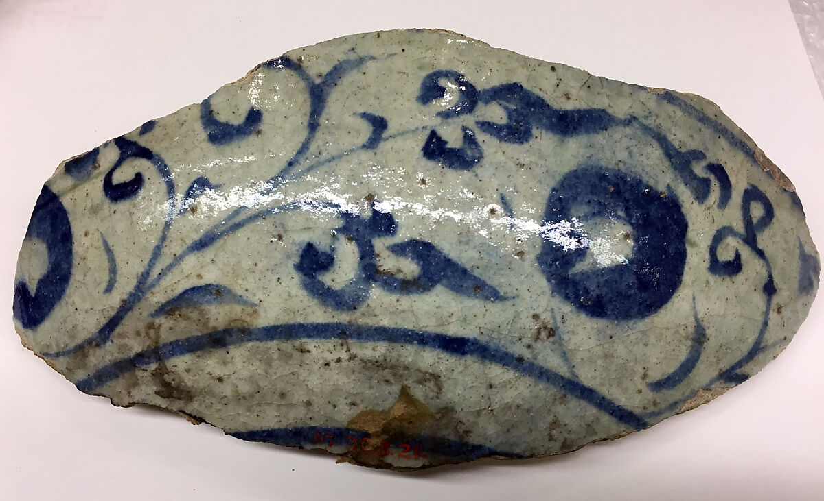 Fragment of a Bowl, Stonepaste; white slip; blue underglaze; transparent, colorless glaze