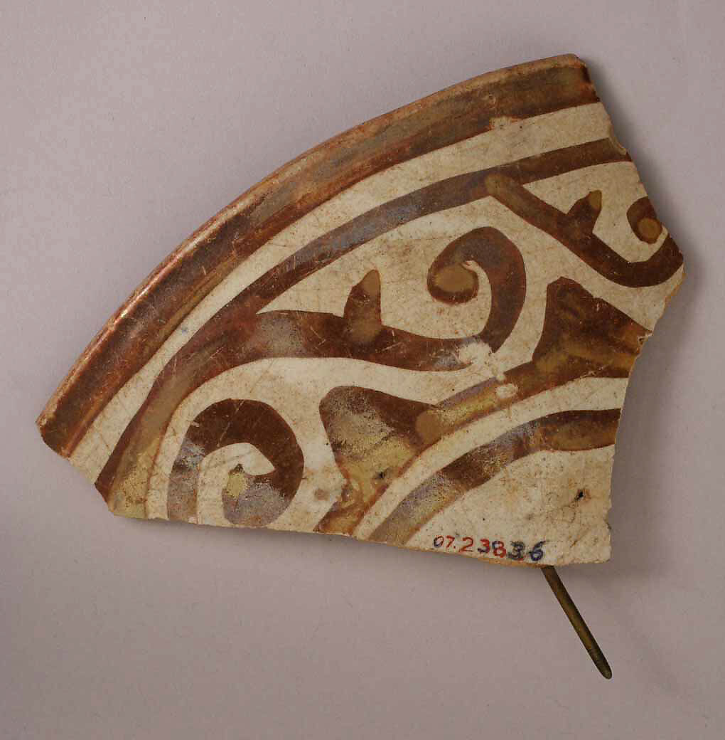 Ceramic Fragment, Stonepaste; transparent colorless glaze; luster painted; incised