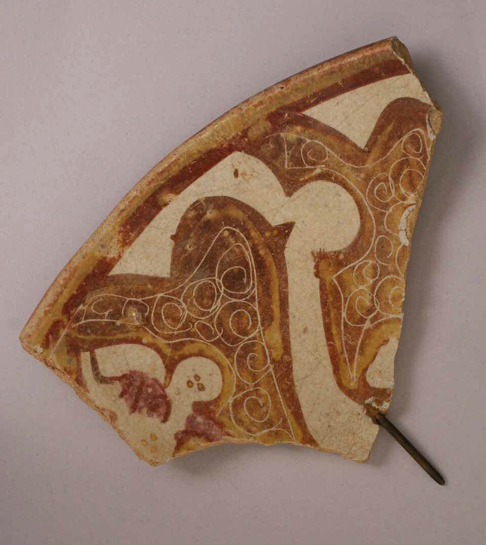 Fragment, Stonepaste; transparent colorless glaze; luster painted; incised 