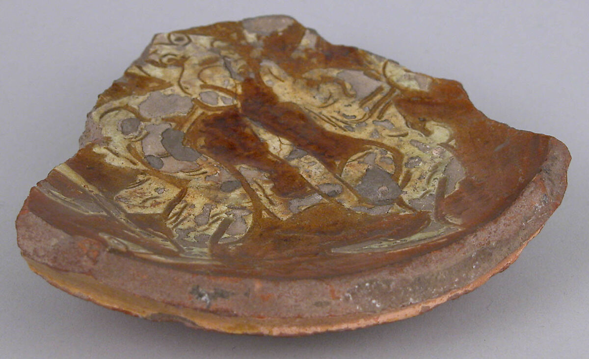 Ceramic Fragment, Earthenware; incised decoration through a white slip and coloring under transparent glaze