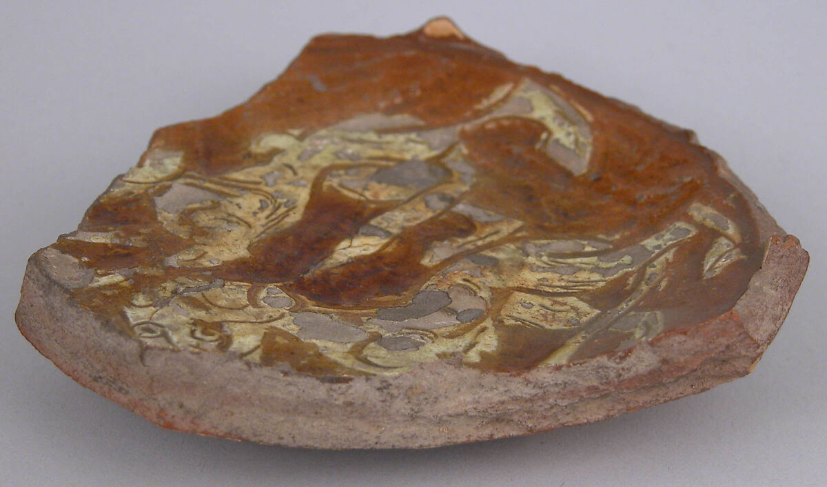 Ceramic Fragment, Earthenware; incised decoration through a white slip and coloring under transparent glaze