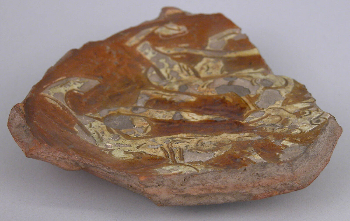 Ceramic Fragment, Earthenware; incised decoration through a white slip and coloring under transparent glaze