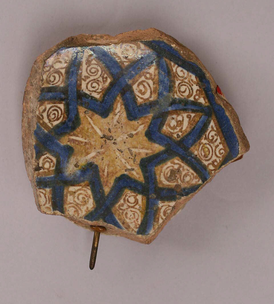 Ceramic Fragment, Reddish earthenware; white slip; blue underglaze; transparent, colorless glaze; luster paint 
