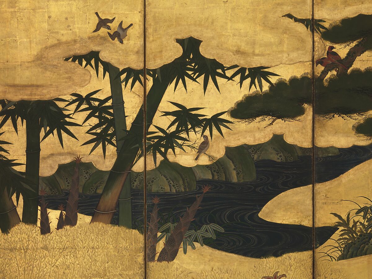 Birds and Flowers of the Four Seasons, Pair of six-panel folding screens; ink, color, gold, and gold leaf on paper, Japan