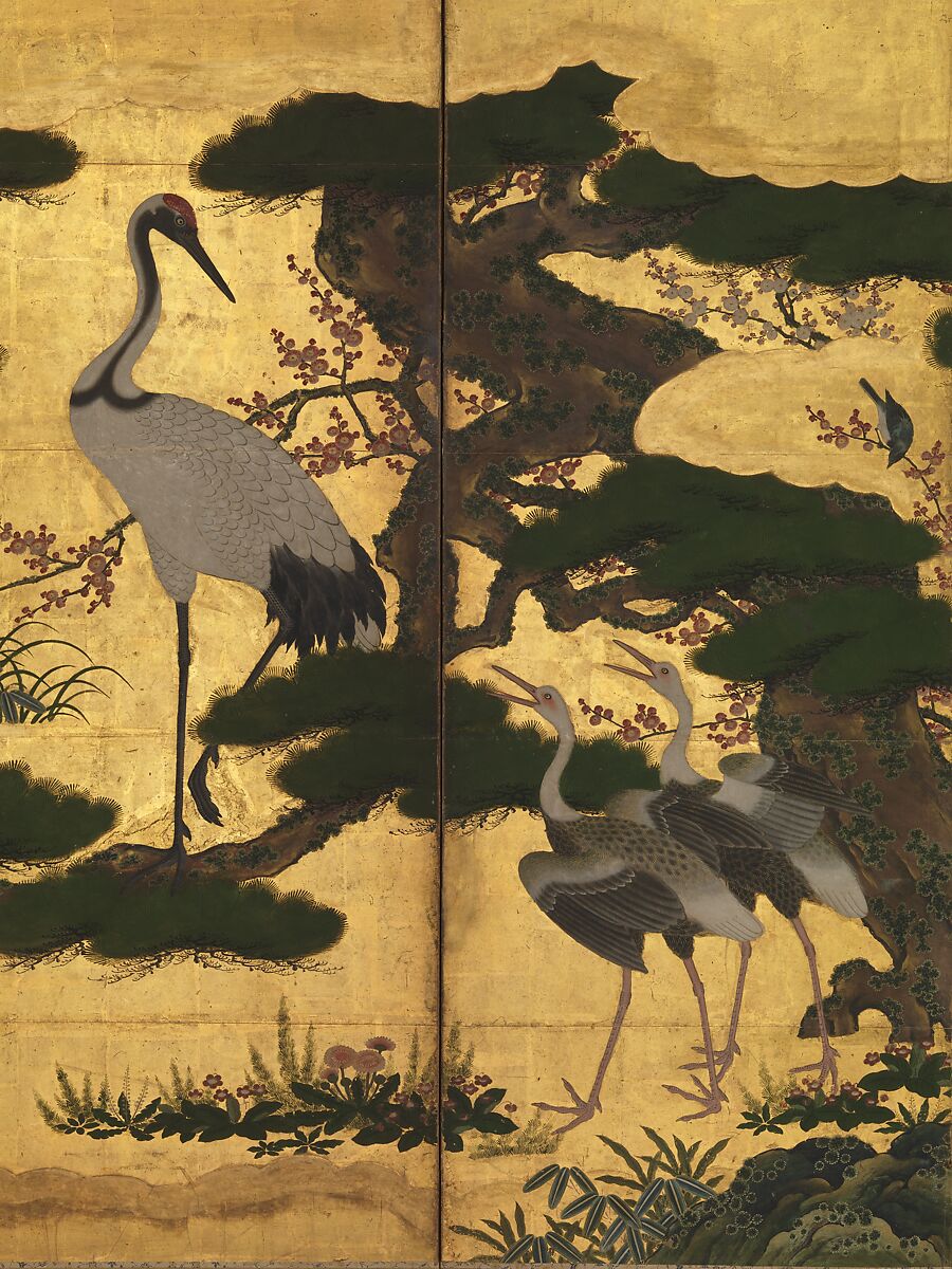 Birds and Flowers of the Four Seasons, Pair of six-panel folding screens; ink, color, gold, and gold leaf on paper, Japan