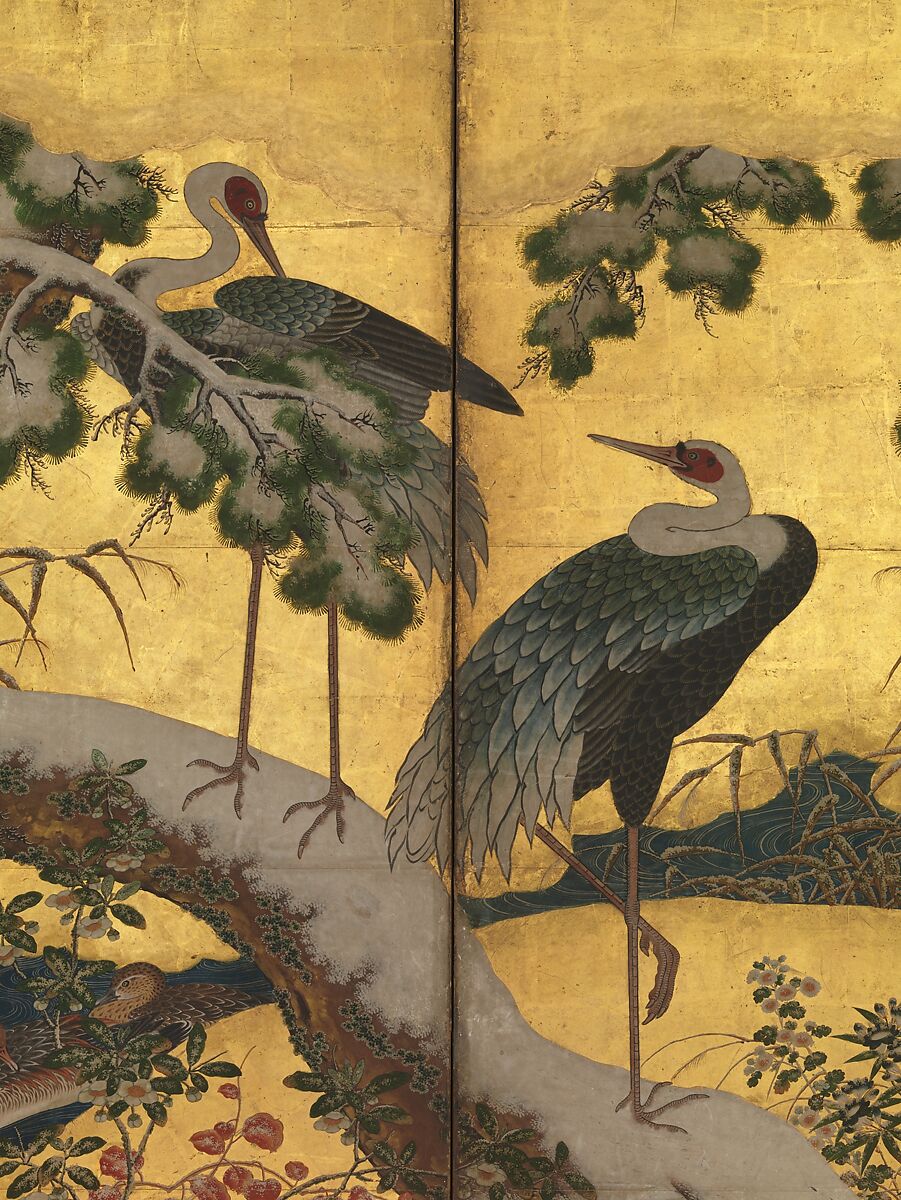 Birds and Flowers of the Four Seasons, Pair of six-panel folding screens; ink, color, gold, and gold leaf on paper, Japan