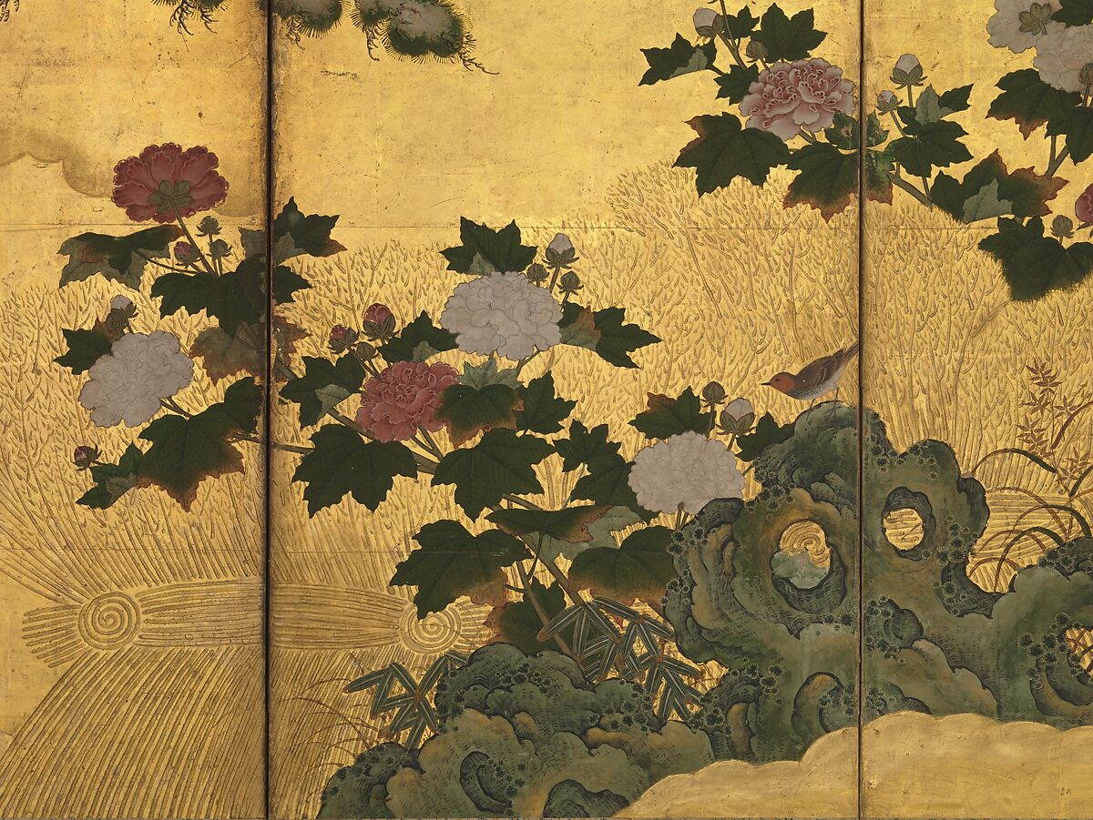 Birds and Flowers of the Four Seasons, Pair of six-panel folding screens; ink, color, gold, and gold leaf on paper, Japan