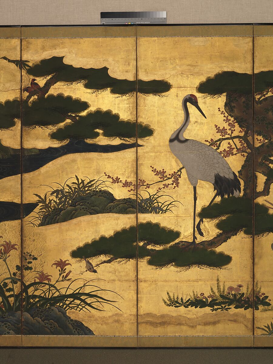 Birds and Flowers of the Four Seasons, Pair of six-panel folding screens; ink, color, gold, and gold leaf on paper, Japan
