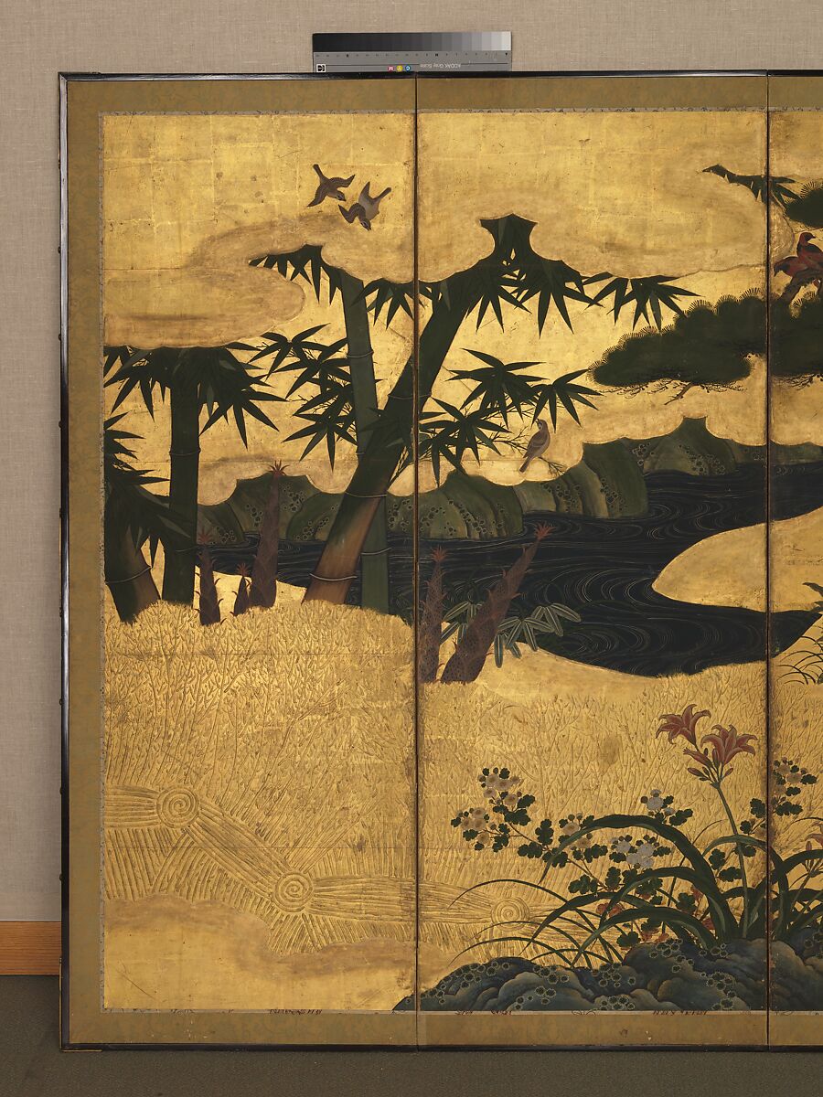 Birds and Flowers of the Four Seasons, Pair of six-panel folding screens; ink, color, gold, and gold leaf on paper, Japan