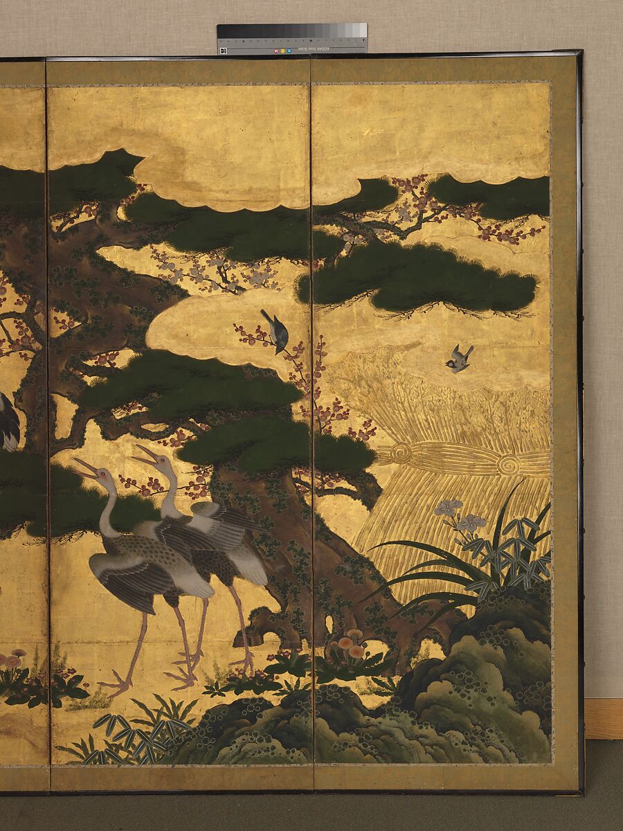 Birds and Flowers of the Four Seasons, Pair of six-panel folding screens; ink, color, gold, and gold leaf on paper, Japan