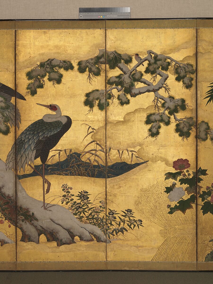 Birds and Flowers of the Four Seasons, Pair of six-panel folding screens; ink, color, gold, and gold leaf on paper, Japan