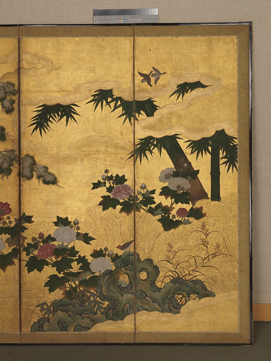 Birds and Flowers of the Four Seasons, Pair of six-panel folding screens; ink, color, gold, and gold leaf on paper, Japan